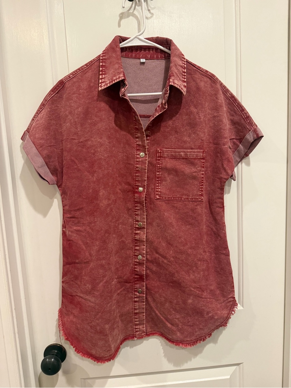Washed Red Short-Sleeve Button-Up Dress